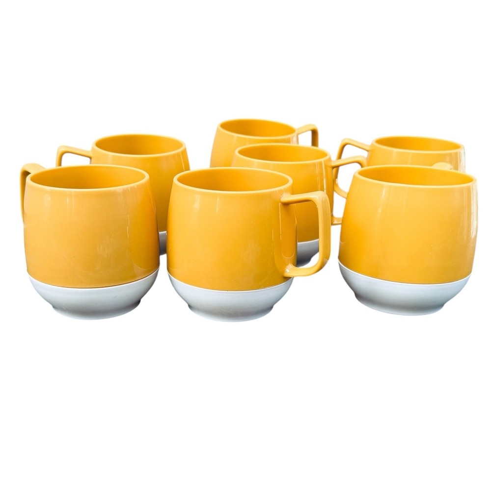 ONE Vintage Dinex Thermos Insulated Mug Mustard Yellow White USA Coffee Cup